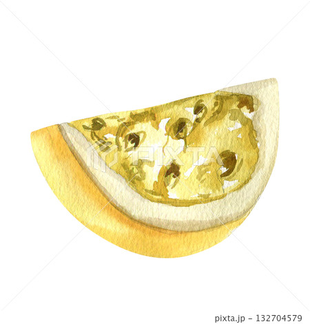 Juicy tropical passion fruit slice with pulp and pits watercolor illustration. Isolated exotic fruit cut, vegan sweet food clipart for drink label, dessert logo design Juicy tropical passion fruit slice with pulp and pits watercolor illustration. Isolated exotic fruit cut, vegan sweet food clipart for drink label, dessert logo design 132704579