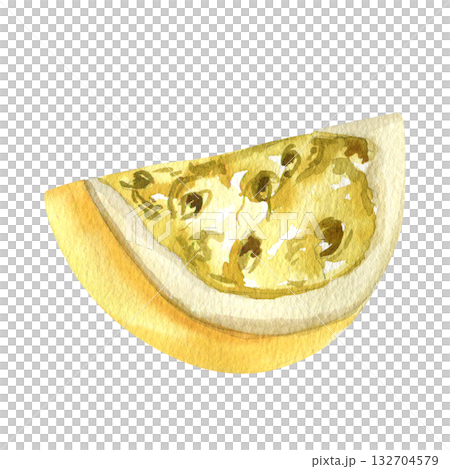 Juicy tropical passion fruit slice with pulp and pits watercolor illustration. Isolated exotic fruit cut, vegan sweet food clipart for drink label, dessert logo design Juicy tropical passion fruit slice with pulp and pits watercolor illustration. Isolated exotic fruit cut, vegan sweet food clipart for drink label, dessert logo design 132704579