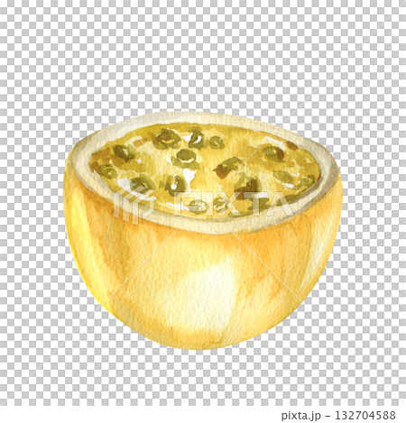 Yellow passion fruit half part with pulp and pts watercolor illustration. Hand drawn sliced tropical sweet fruit, vegan healthy juicy food, drinks and dessert ingredient for label, logo design Yellow passion fruit half part with pulp and pts watercolor illustration. Hand drawn sliced tropical sweet fruit, vegan healthy juicy food, drinks and dessert ingredient for label, logo design 132704588