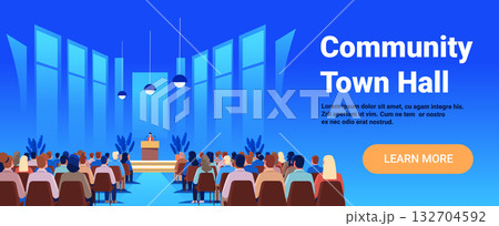 Community town hall meeting audience listening speaker modern conference room blue background stage podium plants website banner 132704592