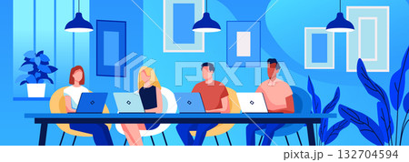 Coworking space teamwork office people laptops modern workspace blue interior plants wall art lamps creative environment 132704594