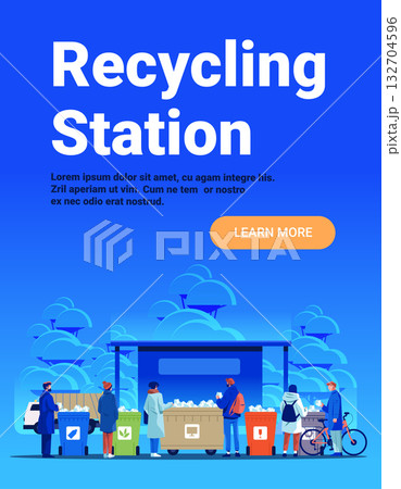Recycling station people sorting waste colorful bins outdoor park truck trees modern environmental concept website banner 132704596