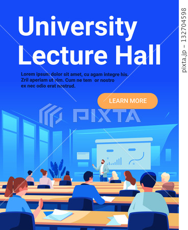 University lecture hall classroom education teacher presenting students listening modern interior desks projector screen academic learning 132704598
