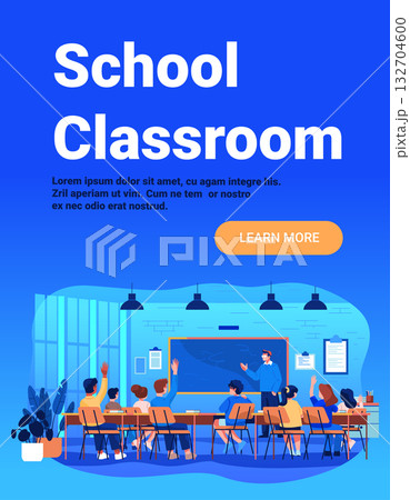 School classroom teacher students learning modern education group children raising hands desks chalkboard blue interior website banner School classroom teacher students learning modern education group children raising hands desks chalkboard blue interior website banner 132704600
