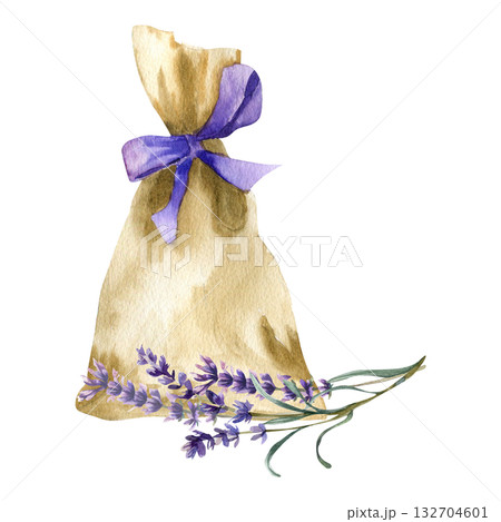 Fabric burlap bag with purple bow and lavender stem watercolor illustration. Jute pouch with filed dry lavender herbs, spa and aromatic wellness clipart for packing, label ,logo design Fabric burlap bag with purple bow and lavender stem watercolor illustration. Jute pouch with filed dry lavender herbs, spa and aromatic wellness clipart for packing, label ,logo design 132704601