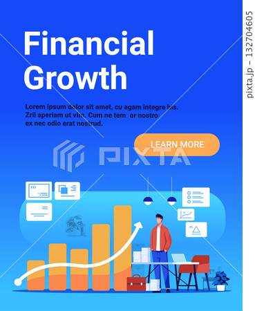 Financial growth business analytics man analyzing bar chart upward arrow office workspace blue background website banner 132704605