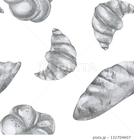 Croissant, sweet loaf and fresh bread pencil monochrome seamless pattern. Hand drawn bakery pastry food clipart for wallpaper, cafe menu, textile, fabric design 132704607