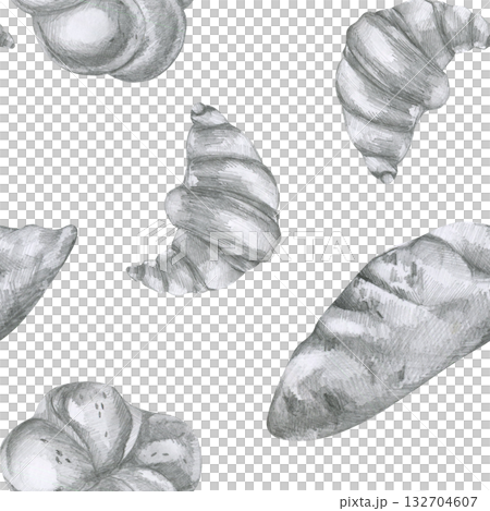 Croissant, sweet loaf and fresh bread pencil monochrome seamless pattern. Hand drawn bakery pastry food clipart for wallpaper, cafe menu, textile, fabric design 132704607
