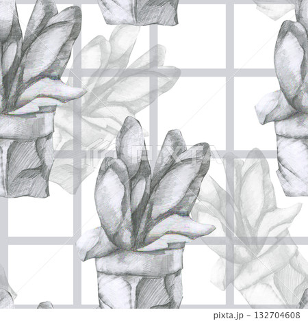 Fresh baguette pencil hand drawn seamless pattern on monochrome checkered background. Hand drawn bakery pastry background with Fresh baked bread on geometric classic lines for rustic textile design Fresh baguette pencil hand drawn seamless pattern on monochrome checkered background. Hand drawn bakery pastry background with Fresh baked bread on geometric classic lines for rustic textile design 132704608