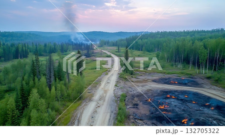 Aerial View of Smoky Landscape with Fire on Ground and Forested Background in Dusk Light 132705322