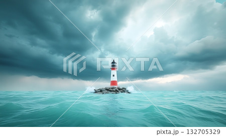 Majestic Lighthouse Standing Tall on Rocky Island Amidst Turbulent Ocean and Dark Stormy Skies 132705329