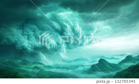 Dramatic Thunderstorm Over Lush Green Mountains with Dark Clouds and Lightning Strikes 132705345