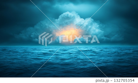 Dramatic Stormy Sky Over Dark Ocean Waves with Lightning and Glowing Light at Dusk Dramatic Stormy Sky Over Dark Ocean Waves with Lightning and Glowing Light at Dusk 132705354
