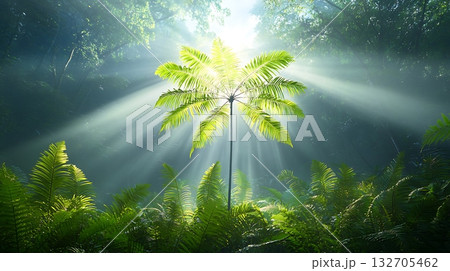 Ethereal Jungle Scene with Sunlight Pouring Through Dense Foliage and Lush Greenery 132705462