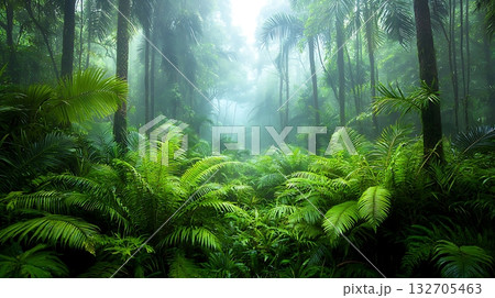 Lush Green Jungle with Dense Ferns and Misty Atmosphere in Tropical Rainforest Setting 132705463