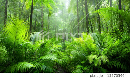 Lush Green Tropical Jungle with Dense Foliage and Misty Atmosphere 132705464
