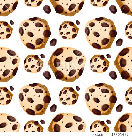 Seamless pattern Gingerbread with chocolate. Delicious hand-drawn cookies. Watercolor illustration of the dessert. Winter holiday atmosphere. 132705477