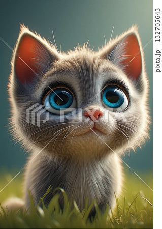 fluffy gray kitten with blue eyes on lush green grass in sunlit meadow, 3D illustration 132705643