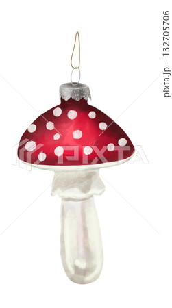 Watercolor illustration of New Year and Christmas tree decoration, toadstool. Mushroom decoration.  132705706