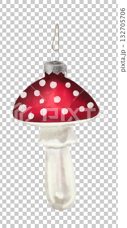 Watercolor illustration of New Year and Christmas tree decoration, toadstool. Mushroom decoration.  132705706