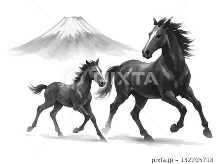 富士山と親子馬の水墨画シルエット年賀状素材 132705718