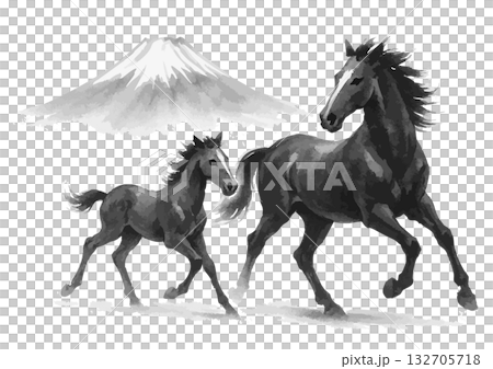 富士山と親子馬の水墨画シルエット年賀状素材 132705718