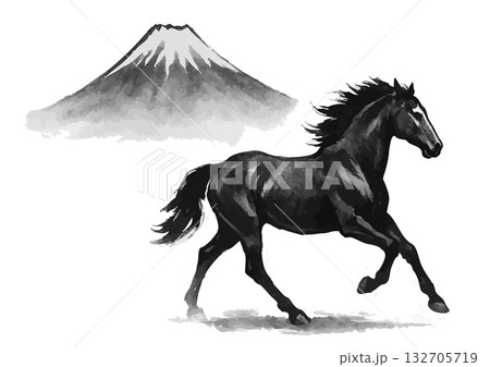 富士山と馬の水墨画シルエット年賀状素材 富士山と馬の水墨画シルエット年賀状素材 132705719