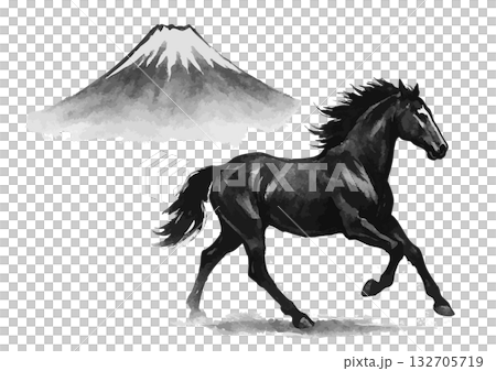 富士山と馬の水墨画シルエット年賀状素材 富士山と馬の水墨画シルエット年賀状素材 132705719