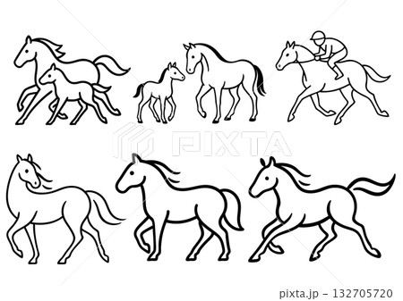 馬のシンプルな線画イラストセット(2026年・年賀状素材) 馬のシンプルな線画イラストセット(2026年・年賀状素材) 132705720