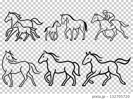 馬のシンプルな線画イラストセット(2026年・年賀状素材) 馬のシンプルな線画イラストセット(2026年・年賀状素材) 132705720