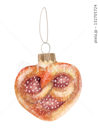 Watercolor illustration of a vintage Christmas decoration in the form of a pretzel and a sugar bun. 132705724