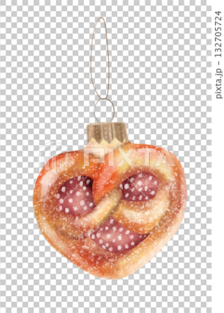 Watercolor illustration of a vintage Christmas decoration in the form of a pretzel and a sugar bun. Watercolor illustration of a vintage Christmas decoration in the form of a pretzel and a sugar bun. 132705724