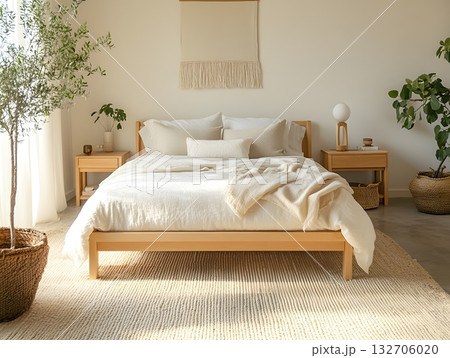 A minimalist bedroom with a wooden low platform bed and beige linen bedding set, with soft natural light filtering through sheer curtains A minimalist bedroom with a wooden low platform bed and beige linen bedding set, with soft natural light filtering through sheer curtains 132706020