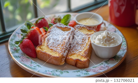 A plate of French toast with powdered sugar, served with fresh strawberry and whipped cream. A plate of French toast with powdered sugar, served with fresh strawberry and whipped cream. 132706021