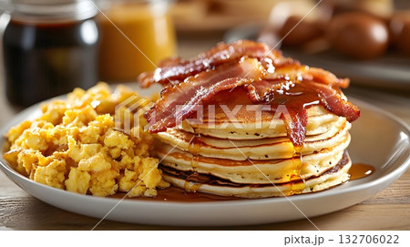 Breakfast consist of pancakes with crispy bacons, maple syrup and scrambled eggs.	 132706022