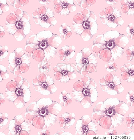 Seamless Hand-drawn Pink Anemone Flower Pattern Illustration 132706059