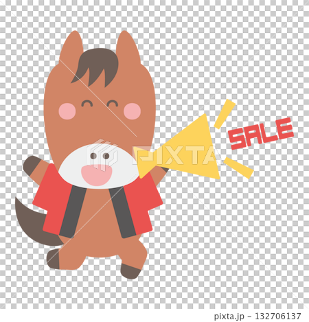 Illustration of a cute horse character wearing a happi coat advertising a sale with a megaphone 132706137