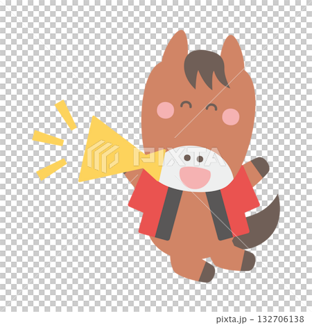 Cute horse character illustration wearing a happi coat and holding a megaphone while jumping to attract customers 132706138