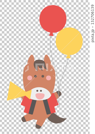 Cute horse character illustration wearing a happi coat holding a megaphone and balloons 132706139