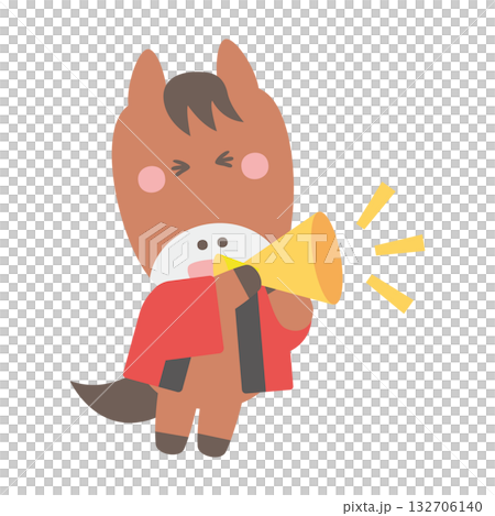 Cute horse character illustration wearing a happi coat holding a megaphone with both hands 132706140