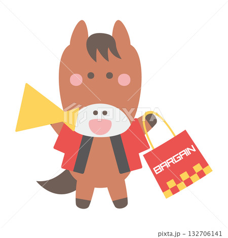 ショップ袋とメガホンを持つ法被姿のかわいい馬のキャラクターイラスト素材 ショップ袋とメガホンを持つ法被姿のかわいい馬のキャラクターイラスト素材 132706141
