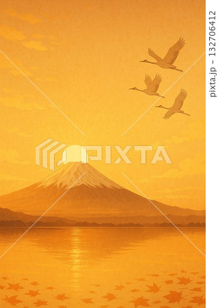 初日の出の富士山と飛翔する鶴 132706412