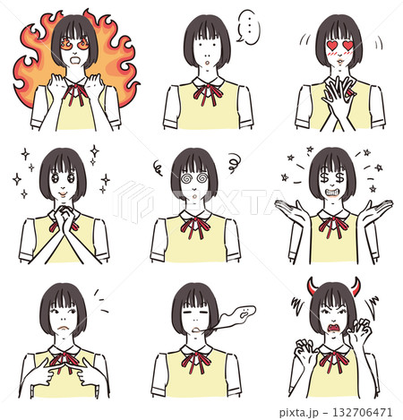 女子中学生の表情いろいろ　コミカル 132706471