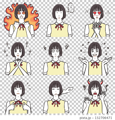 女子中学生の表情いろいろ　コミカル 132706471