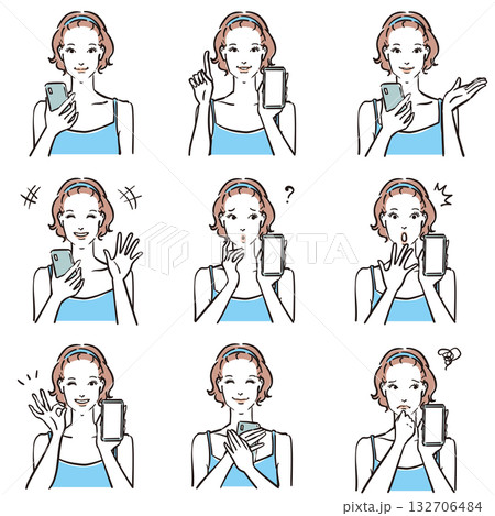 キャミソール姿の女性の表情いろいろ スマートフォン キャミソール姿の女性の表情いろいろ スマートフォン 132706484