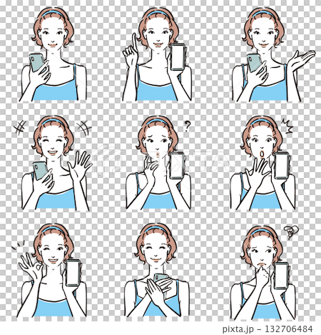 キャミソール姿の女性の表情いろいろ スマートフォン キャミソール姿の女性の表情いろいろ スマートフォン 132706484