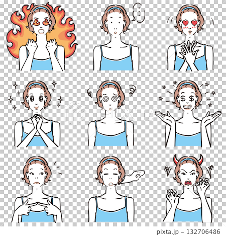 キャミソール姿の女性の表情いろいろ　コミカル 132706486