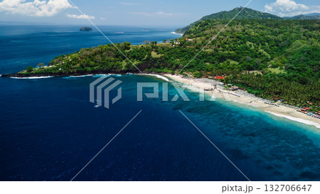 Aerial view of Virgin beach in East Bali, scenic coastline Aerial view of Virgin beach in East Bali, scenic coastline 132706647