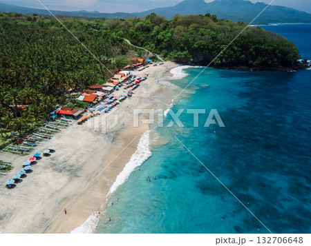 Drone view of Virgin or white sand beach in Bali Drone view of Virgin or white sand beach in Bali 132706648