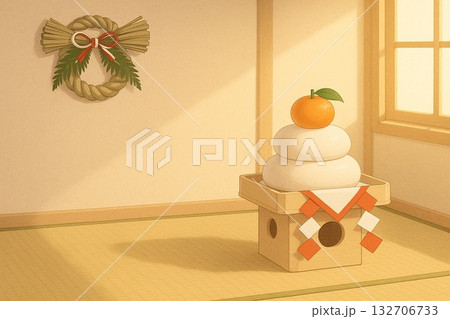 和室に飾られた鏡餅としめ縄の正月イラスト 132706733